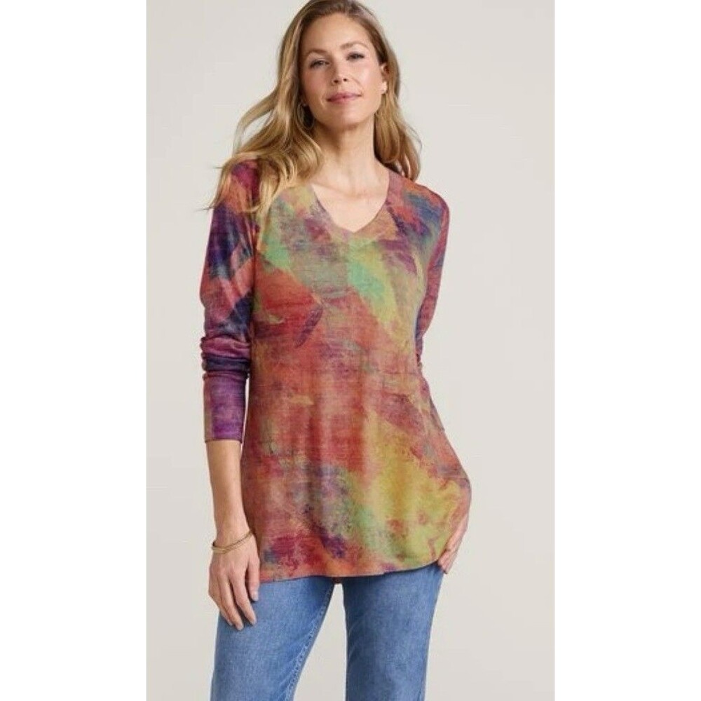 Soft Surroundings Plein de Couleurs Abstract Knit Top L Watercolor Sweater Tunic